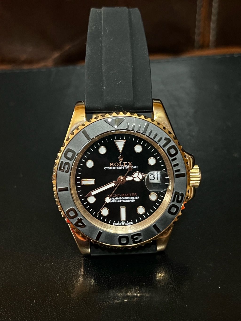 Rolex Yacht Master Rose Gold Tone Black Dial Rubber Strap Watch